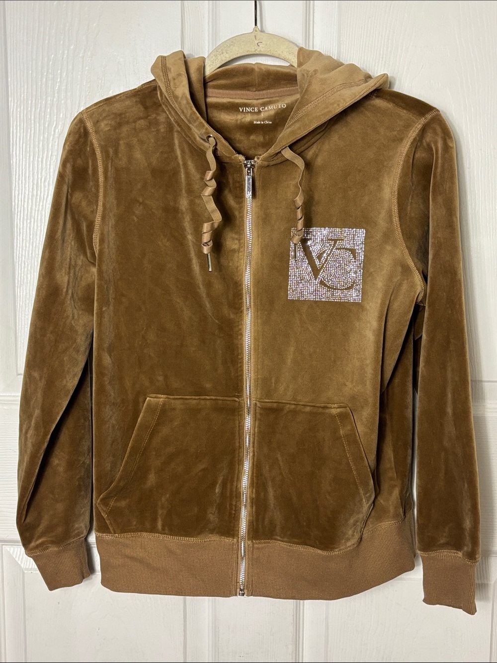 Vince Camuto Cognac Tan Velour Y2K Zip Hoodie with Rhinestone VC logo size Small